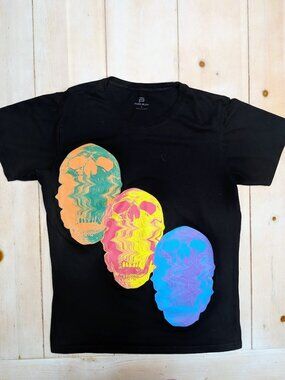 Faded Black Men’s L Psychedelic Skull Graphic T-Shirt Black Colorful